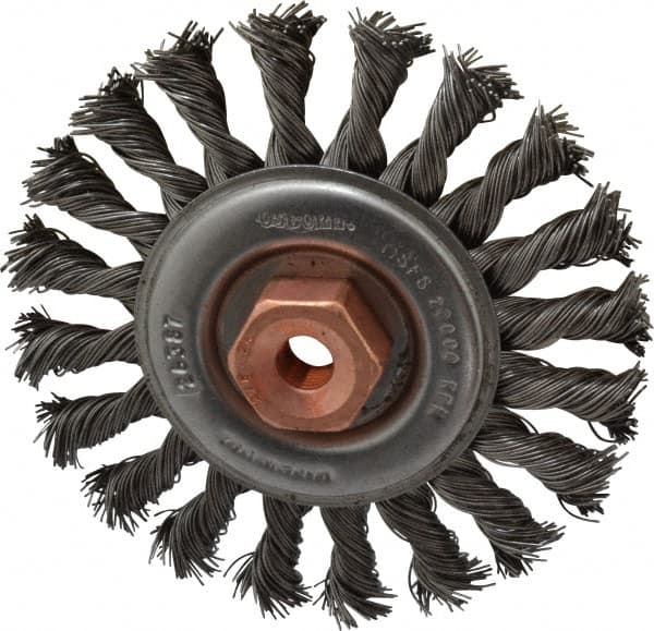 Osborn - 4" OD, 3/8-24 Arbor Hole, Knotted Steel Wheel Brush - 3/8" Face Width, 7/8" Trim Length, 0.02" Filament Diam, 20,000 RPM - Caliber Tooling