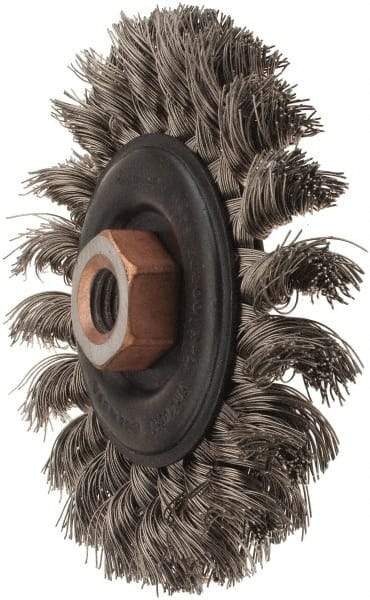 Osborn - 4" OD, 1/2-13 Arbor Hole, Knotted Stainless Steel Wheel Brush - 3/8" Face Width, 7/8" Trim Length, 0.014" Filament Diam, 20,000 RPM - Caliber Tooling