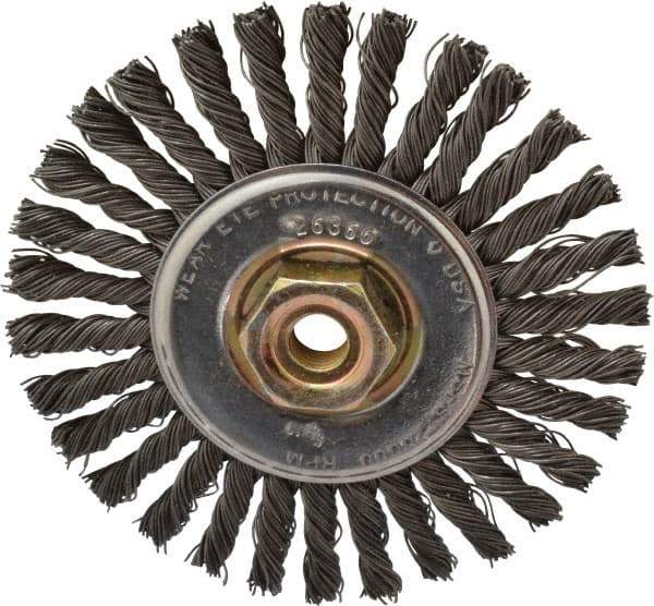 Osborn - 4" OD, M10x1.25 Arbor Hole, Knotted Steel Wheel Brush - 1/4" Face Width, 7/8" Trim Length, 0.02" Filament Diam, 20,000 RPM - Caliber Tooling