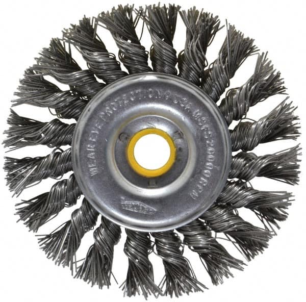 Osborn - 4" OD, 5/8" Arbor Hole, Knotted Steel Wheel Brush - 5/16" Face Width, 7/8" Trim Length, 0.02" Filament Diam, 20,000 RPM - Caliber Tooling