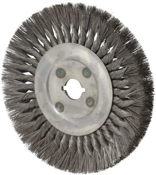 Osborn - 10" OD, 1-1/4" Arbor Hole, Knotted Steel Wheel Brush - 5/8" Face Width, 2-1/4" Trim Length, 0.014" Filament Diam, 4,500 RPM - Caliber Tooling