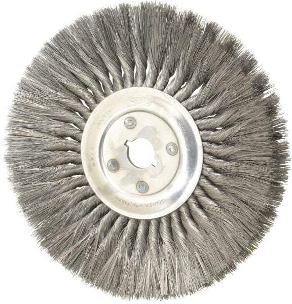 Osborn - 12" OD, 1-1/4" Arbor Hole, Knotted Steel Wheel Brush - 5/8" Face Width, 3-1/4" Trim Length, 0.014" Filament Diam, 4,500 RPM - Caliber Tooling