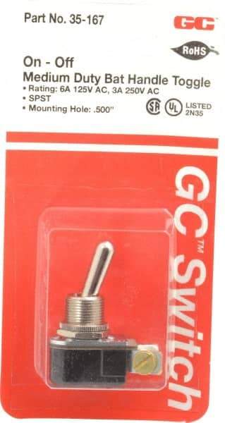 GC/Waldom - SPST Medium Duty On-Off Toggle Switch - Screw Terminal, Bat Handle Actuator, 125 VAC at 6 A & 250 VAC at 3 A - Caliber Tooling