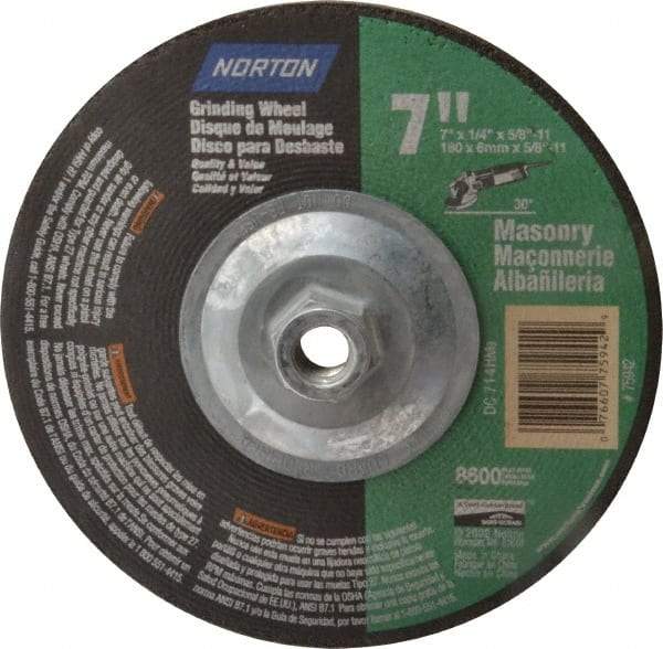 Norton - 24 Grit, 7" Wheel Diam, 1/4" Wheel Thickness, Type 27 Depressed Center Wheel - Silicon Carbide, 8,600 Max RPM, Compatible with Angle Grinder - Caliber Tooling