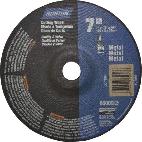 Norton - 60 Grit, 7" Wheel Diam, 1/8" Wheel Thickness, 7/8" Arbor Hole, Type 27 Depressed Center Wheel - Aluminum Oxide, 8,600 Max RPM, Compatible with Angle Grinder - Caliber Tooling