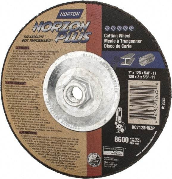 Norton - 7" Wheel Diam, 1/8" Wheel Thickness, Type 27 Depressed Center Wheel - Ceramic, 8,600 Max RPM, Compatible with Angle Grinder - Caliber Tooling