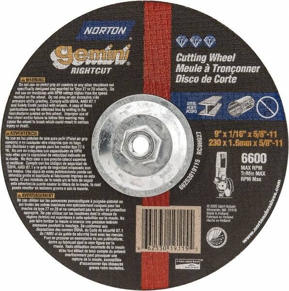 Norton - 9" Wheel Diam, 1/16" Wheel Thickness, Type 27 Depressed Center Wheel - Aluminum Oxide, 6,600 Max RPM, Compatible with Angle Grinder - Caliber Tooling