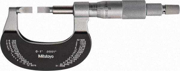 Mitutoyo - 0" to 1" Mechanical Satin Chrome Coated with Thermal Shield Blade Micrometer - 0.0002" Accuracy, 0.0001" Graduation, 0.75mm Blade Thickness, Ratchet Stop Thimble - Caliber Tooling