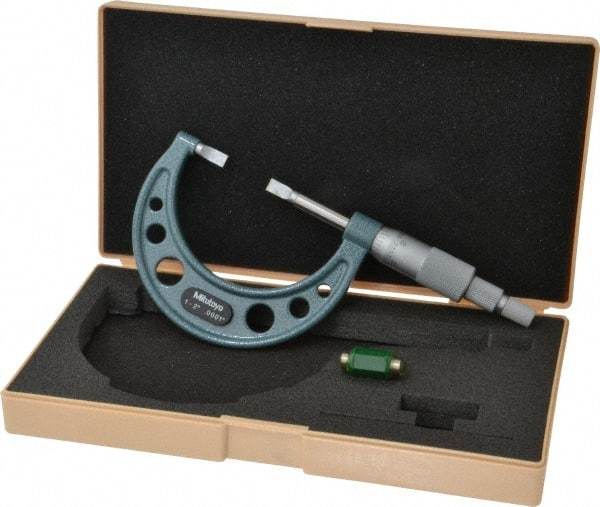 Mitutoyo - 1" to 2" Mechanical Hammertone Green Coated Blade Micrometer - 0.0002" Accuracy, 0.0001" Graduation, 0.75mm Blade Thickness, Ratchet Stop Thimble - Caliber Tooling