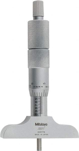 Mitutoyo - 0 to 4" Range, 4 Rod, Satin Chrome Finish Mechanical Depth Micrometer - Ratchet Stop Thimble, 2-1/2" Base Length, 0.01mm Graduation, 4mm Rod Diam - Caliber Tooling