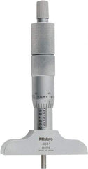 Mitutoyo - 0 to 4" Range, 4 Rod, Satin Chrome Finish Mechanical Depth Micrometer - Ratchet Stop Thimble, 2-1/2" Base Length, 0.01mm Graduation, 4mm Rod Diam - Caliber Tooling