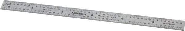 Mitutoyo - 6" Long, 1/64, 1/32" and 0.5, 1mm Graduation, Flexible Stainless Steel Rule - English/Metric Graduation Style, 1/2" Wide, Silver, Satin Chrome Finish - Caliber Tooling