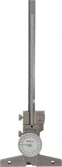 Mitutoyo - 0 to 6 Inch Range, Stainless Steel, White Dial Depth Gage - 0.001 Inch Graduation, 0.001 Inch Accuracy, 4 Inch Base Measuring Length - Caliber Tooling