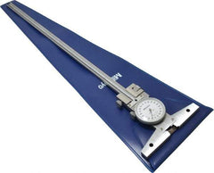 Mitutoyo - 0 to 12 Inch Range, Stainless Steel, White Dial Depth Gage - 0.0015 Inch Graduation, 0.0015 Inch Accuracy, 4 Inch Base Measuring Length - Caliber Tooling