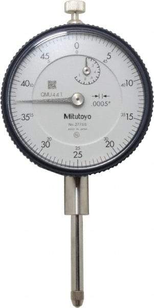 Mitutoyo - 1" Range, 0-50 Dial Reading, 0.0005" Graduation Dial Drop Indicator - 2-3/16" Dial, 0.05" Range per Revolution, 0.002" Accuracy, Revolution Counter - Caliber Tooling