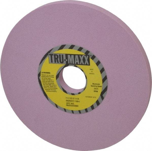 Tru-Maxx - 7" Diam x 1-1/4" Hole x 1/2" Thick, I Hardness, 100 Grit Surface Grinding Wheel - Aluminum Oxide, Type 1, Fine Grade, 3,600 Max RPM, Vitrified Bond, No Recess - Caliber Tooling