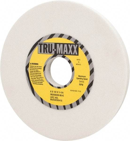 Tru-Maxx - 6" Diam x 1-1/4" Hole x 1/2" Thick, K Hardness, 80 Grit Surface Grinding Wheel - Aluminum Oxide, Type 1, Medium Grade, 5,410 Max RPM, Vitrified Bond, No Recess - Caliber Tooling