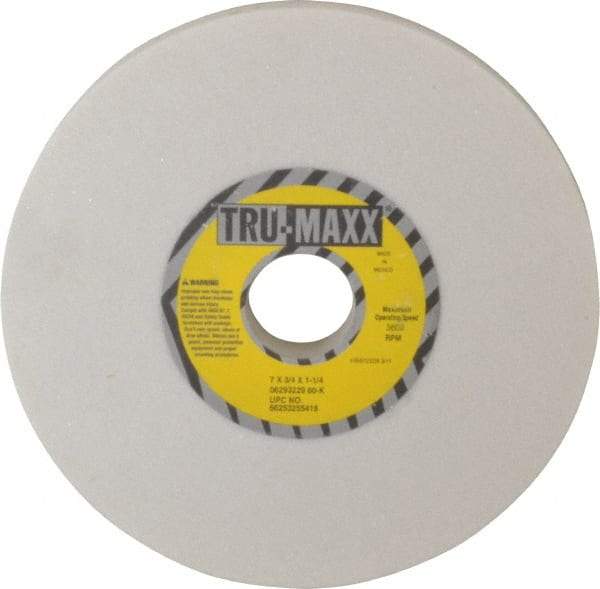 Tru-Maxx - 7" Diam x 1-1/4" Hole x 3/4" Thick, K Hardness, 60 Grit Surface Grinding Wheel - Aluminum Oxide, Type 1, Medium Grade, 3,600 Max RPM, Vitrified Bond, No Recess - Caliber Tooling