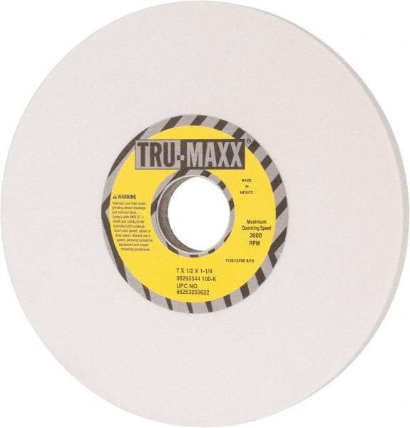 Tru-Maxx - 7" Diam x 1-1/4" Hole x 1/2" Thick, K Hardness, 100 Grit Surface Grinding Wheel - Aluminum Oxide, Type 1, Fine Grade, 3,600 Max RPM, Vitrified Bond, No Recess - Caliber Tooling