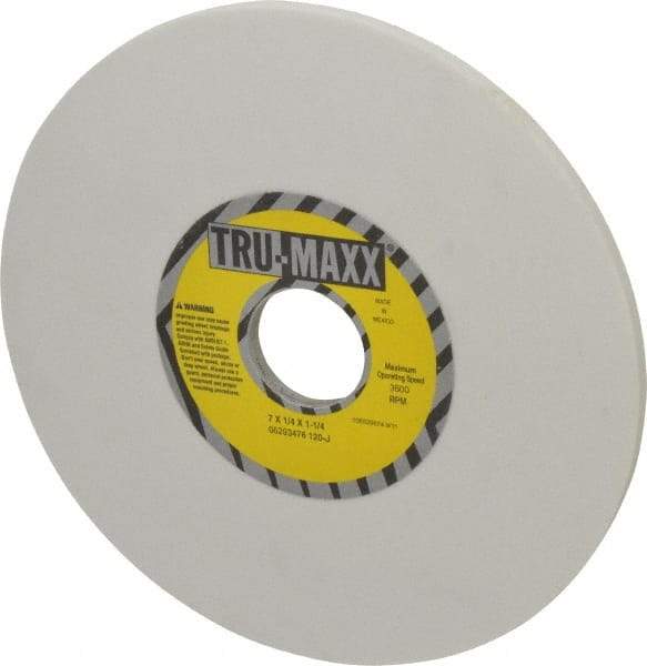 Tru-Maxx - 7" Diam x 1-1/4" Hole x 1/4" Thick, J Hardness, 120 Grit Surface Grinding Wheel - Aluminum Oxide, Type 1, Fine Grade, 3,600 Max RPM, Vitrified Bond, No Recess - Caliber Tooling