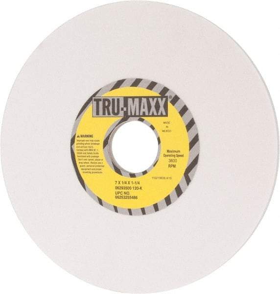 Tru-Maxx - 7" Diam x 1-1/4" Hole x 1/4" Thick, K Hardness, 120 Grit Surface Grinding Wheel - Aluminum Oxide, Type 1, Fine Grade, 3,600 Max RPM, Vitrified Bond, No Recess - Caliber Tooling