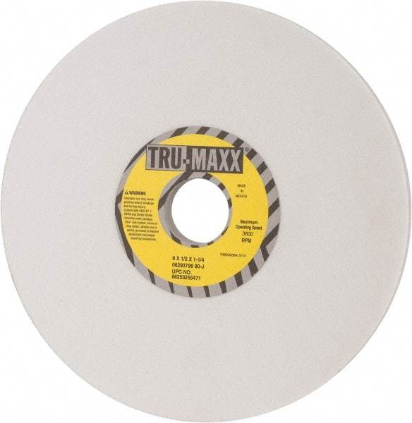 Tru-Maxx - 8" Diam x 1-1/4" Hole x 1/2" Thick, J Hardness, 80 Grit Surface Grinding Wheel - Aluminum Oxide, Type 1, Medium Grade, 3,600 Max RPM, Vitrified Bond, No Recess - Caliber Tooling