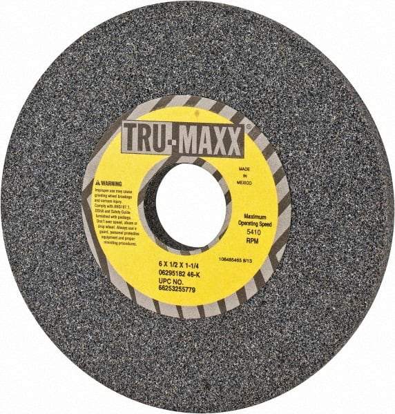 Tru-Maxx - 6" Diam x 1-1/4" Hole x 1/2" Thick, K Hardness, 46 Grit Surface Grinding Wheel - Aluminum Oxide, Type 1, Coarse Grade, 5,410 Max RPM, Vitrified Bond, No Recess - Caliber Tooling