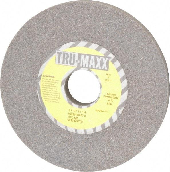 Tru-Maxx - 6" Diam x 1-1/4" Hole x 1/2" Thick, K Hardness, 60 Grit Surface Grinding Wheel - Aluminum Oxide, Type 1, Medium Grade, 5,410 Max RPM, Vitrified Bond, No Recess - Caliber Tooling