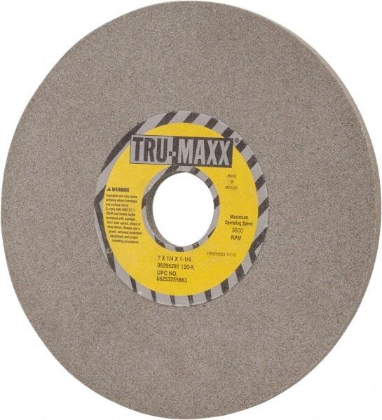 Tru-Maxx - 7" Diam x 1-1/4" Hole x 1/4" Thick, K Hardness, 120 Grit Surface Grinding Wheel - Aluminum Oxide, Type 1, Fine Grade, 3,600 Max RPM, Vitrified Bond, No Recess - Caliber Tooling