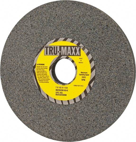 Tru-Maxx - 7" Diam x 1-1/4" Hole x 1/2" Thick, K Hardness, 60 Grit Surface Grinding Wheel - Aluminum Oxide, Type 1, Medium Grade, 3,600 Max RPM, Vitrified Bond, No Recess - Caliber Tooling