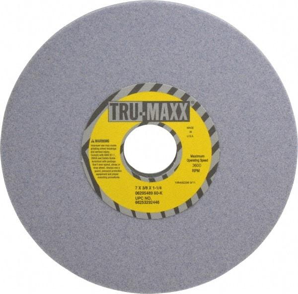 Tru-Maxx - 7" Diam x 1-1/4" Hole x 3/8" Thick, K Hardness, 60 Grit Surface Grinding Wheel - Aluminum Oxide, Type 1, Medium Grade, 3,600 Max RPM, Vitrified Bond, No Recess - Caliber Tooling