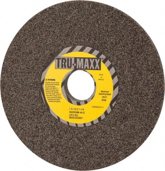 Tru-Maxx - 7" Diam x 1-1/4" Hole x 1/2" Thick, G Hardness, 46 Grit Surface Grinding Wheel - Aluminum Oxide, Type 1, Coarse Grade, 3,600 Max RPM, Vitrified Bond, No Recess - Caliber Tooling