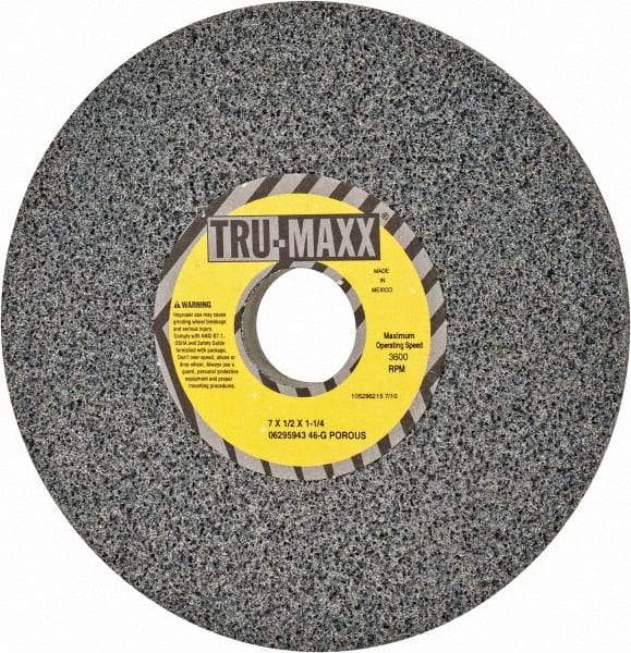 Tru-Maxx - 7" Diam x 1-1/4" Hole x 1/2" Thick, G Hardness, 46 Grit Surface Grinding Wheel - Aluminum Oxide, Type 1, Coarse Grade, 3,600 Max RPM, Vitrified Bond, No Recess - Caliber Tooling