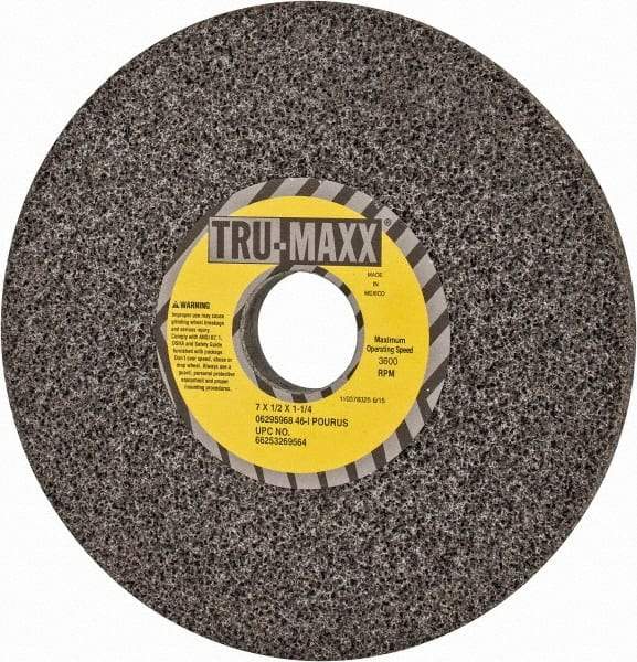 Tru-Maxx - 7" Diam x 1-1/4" Hole x 1/2" Thick, I Hardness, 46 Grit Surface Grinding Wheel - Aluminum Oxide, Type 1, Coarse Grade, 3,600 Max RPM, Vitrified Bond, No Recess - Caliber Tooling