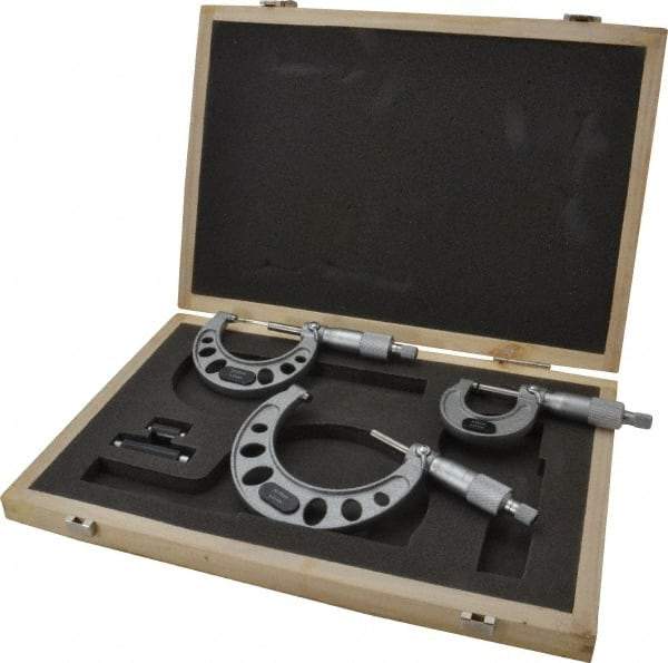 Value Collection - 0 to 75mm Range, 3 Piece Mechanical Outside Micrometer Set - 0.01mm Graduation, 0.005mm Accuracy, Ratchet Stop Thimble, Steel Face - Caliber Tooling