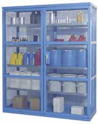 Denios - 2 Door, 8 Shelf, Blue Steel Caged Containment Shelving Safety Cabinet for Corrosive Chemicals - 87" High x 74" Wide x 28" Deep, Manual Closing Door - Caliber Tooling