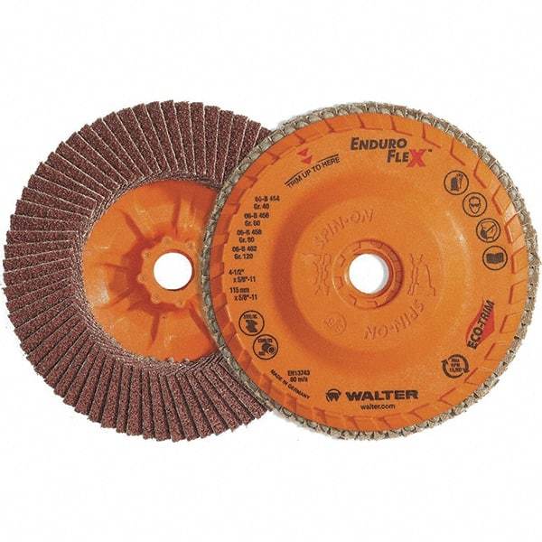 WALTER Surface Technologies - 60 Grit, 7" Disc Diam, 7/8" Center Hole, Zirconia Alumina Flap Disc - 8,600 Max RPM, Plastic Backing, Arbor Attaching System, Coated - Caliber Tooling