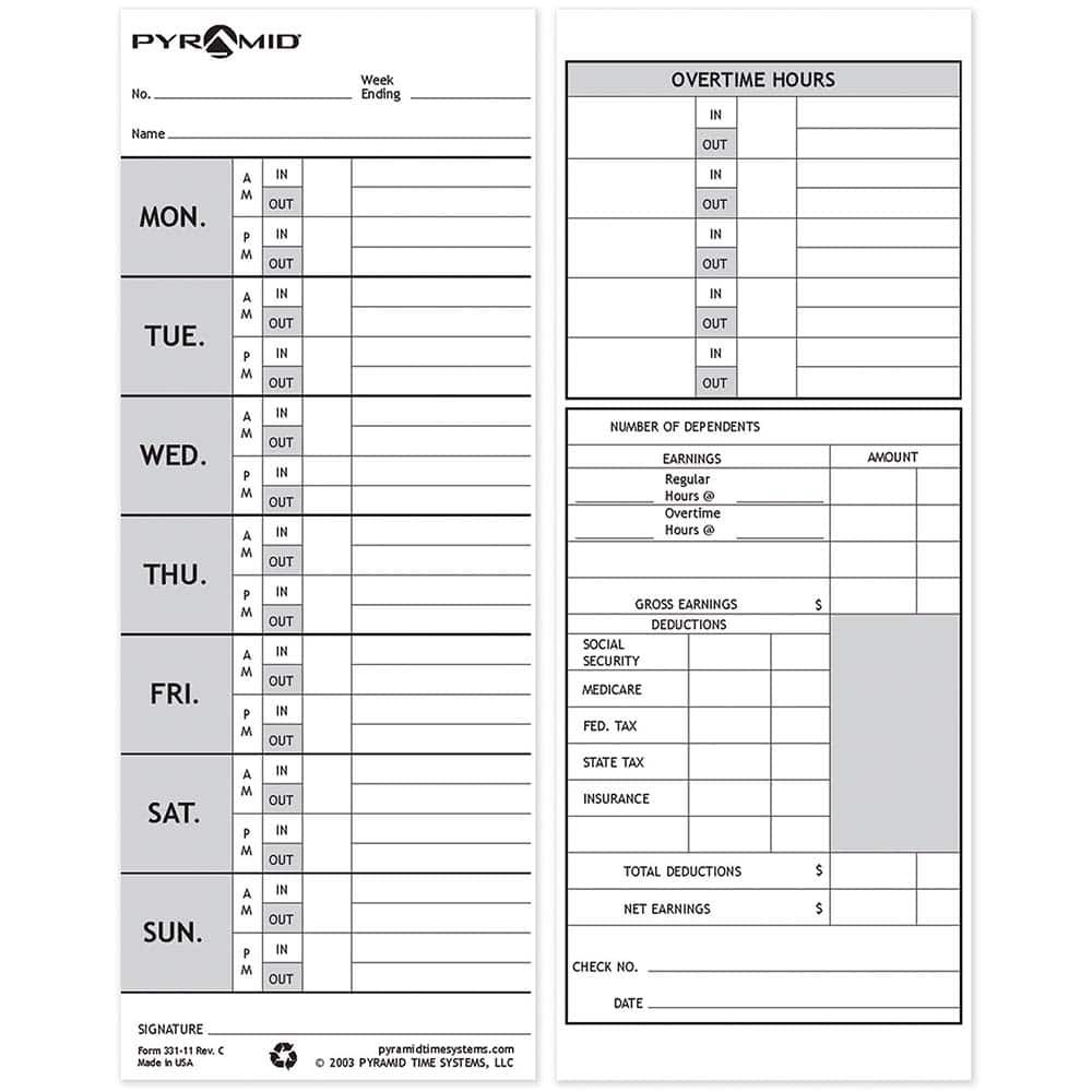 Pyramid - Time Cards & Time Clock Accessories Type: Weekly Time Cards For Use With: PTI - M-1000 Time Recorder - Caliber Tooling