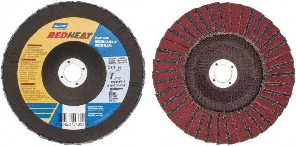 Norton - 36 Grit, 7" Disc Diam, 7/8" Center Hole, Type 29 Ceramic Flap Disc - 8,600 Max RPM, Fiberglass Backing, Arbor Attaching System, Coated - Caliber Tooling