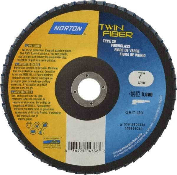 Norton - 120 Grit, 7" Disc Diam, 7/8" Center Hole, Type 29 Ceramic Flap Disc - 8,600 Max RPM, Fiberglass Backing, Arbor Attaching System, Coated - Caliber Tooling