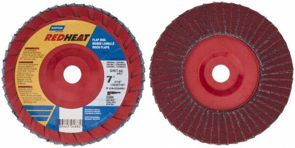 Norton - 60 Grit, 7" Disc Diam, 7/8" Center Hole, Type 27 Ceramic Flap Disc - 8,600 Max RPM, Plastic Backing, Arbor Attaching System, Coated - Caliber Tooling