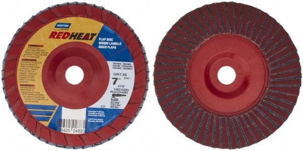 Norton - 80 Grit, 7" Disc Diam, 7/8" Center Hole, Type 27 Ceramic Flap Disc - 8,600 Max RPM, Plastic Backing, Arbor Attaching System, Coated - Caliber Tooling