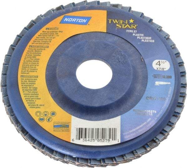 Norton - 120 Grit, 4-1/2" Disc Diam, 7/8" Center Hole, Type 27 Ceramic Flap Disc - 13,000 Max RPM, Plastic Backing, Arbor Attaching System, Coated - Caliber Tooling