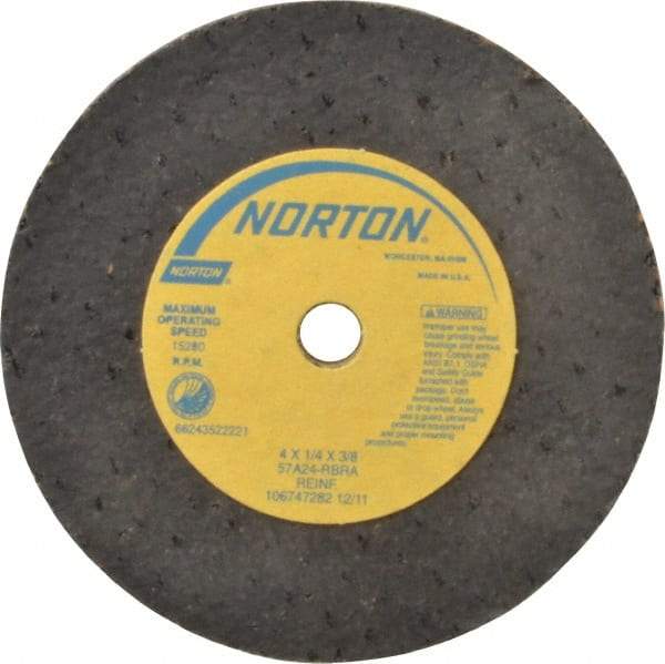 Norton - 4" Diam x 3/8" Hole x 1/4" Thick, R Hardness, 24 Grit Surface Grinding Wheel - Aluminum Oxide, Type 1, Very Coarse Grade, 15,280 Max RPM, No Recess - Caliber Tooling