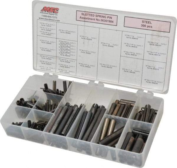 Made in USA - 300 Piece, 1/16 to 3/8" Pin Diam, Spring Pin Assortment - Steel - Caliber Tooling