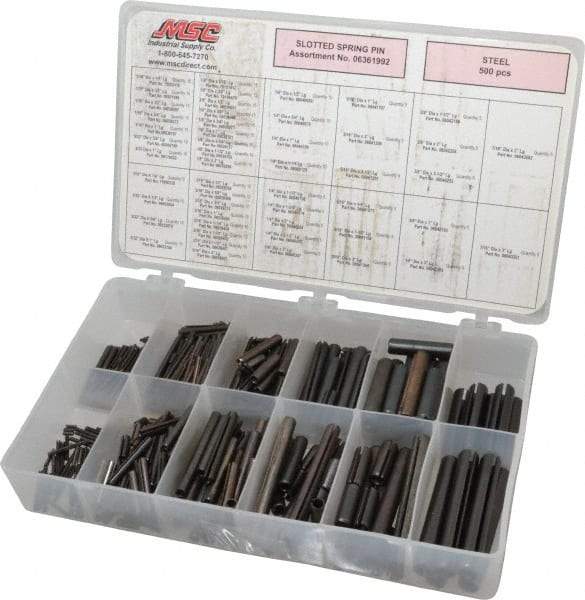 Made in USA - 500 Piece, 1/16 to 7/16" Pin Diam, Spring Pin Assortment - Steel - Caliber Tooling