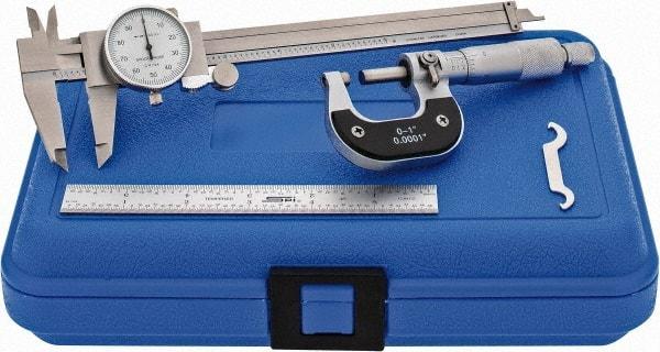 Value Collection - 3 Piece, Machinist Caliper and Micrometer Tool Kit - 0 to 1 Inch Micrometer, 0.0001 Inch Graduation - Caliber Tooling