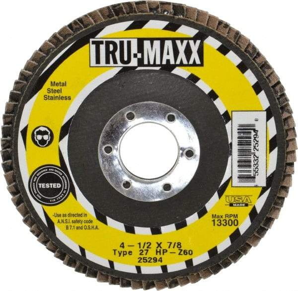 Tru-Maxx - 60 Grit, 4-1/2" Disc Diam, 7/8" Center Hole, Type 27 Zirconia Alumina Flap Disc - 13,300 Max RPM, Arbor Attaching System, Coated - Caliber Tooling