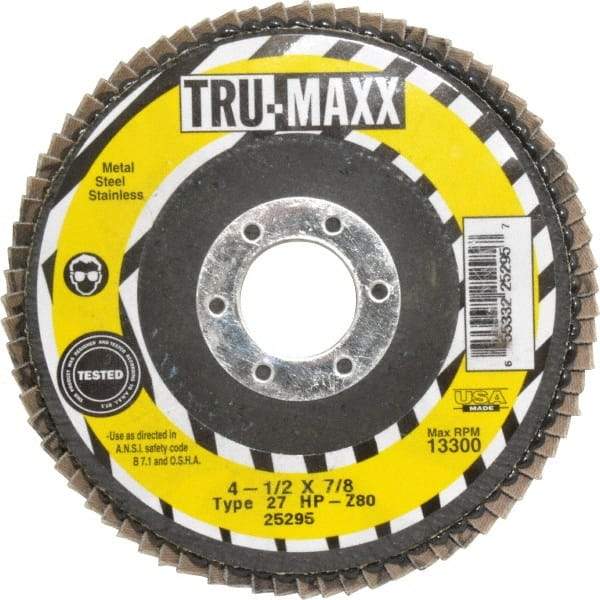 Tru-Maxx - 80 Grit, 4-1/2" Disc Diam, 7/8" Center Hole, Type 27 Zirconia Alumina Flap Disc - 13,300 Max RPM, Arbor Attaching System, Coated - Caliber Tooling