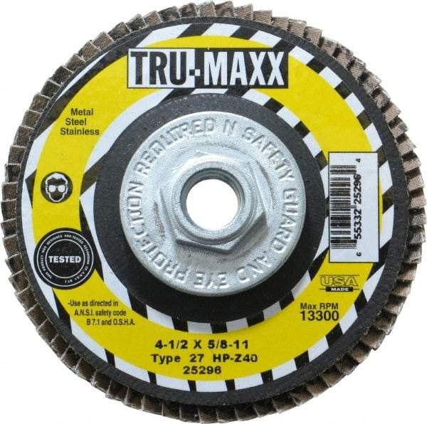 Tru-Maxx - 40 Grit, 4-1/2" Disc Diam, 5/8-11 Center Hole, Type 27 Zirconia Alumina Flap Disc - 13,300 Max RPM, Arbor Attaching System, Coated - Caliber Tooling